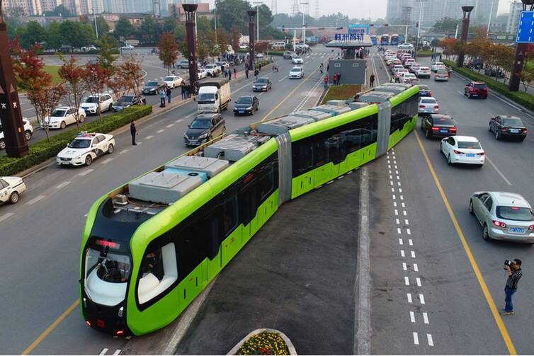 CHEAPER: A trackless tram in Zhuzhou, China - the only country using the technology. 