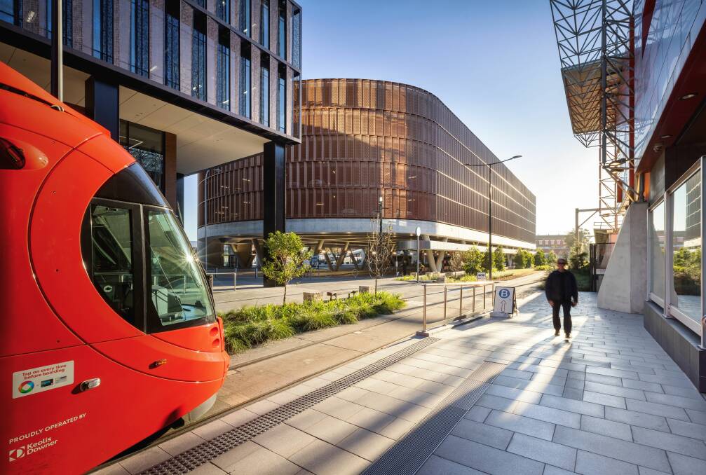 PROTECTED: The light rail's western terminus at Newcastle Interchange, and the tree-lined space alongside the bus interchange reserved for a future extension. 