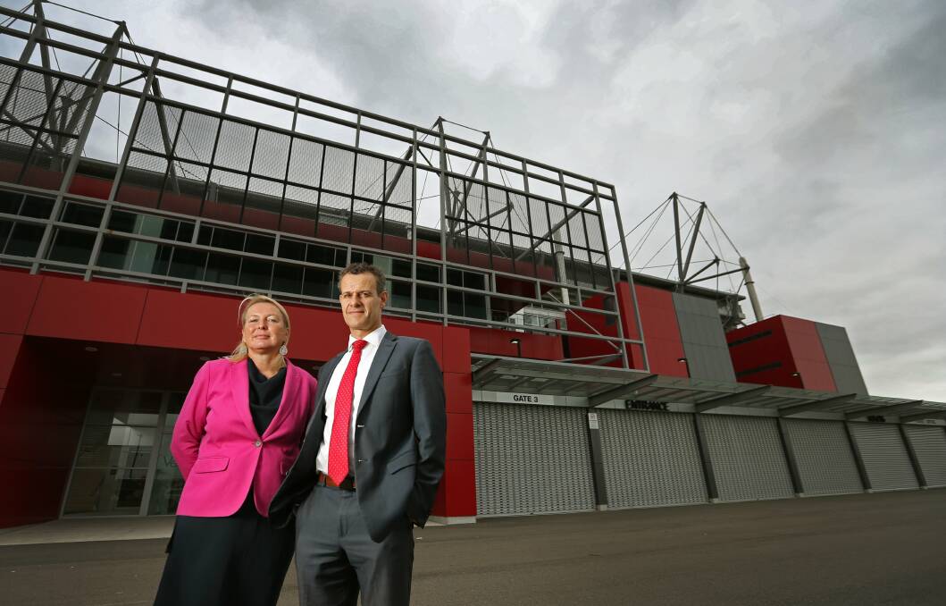 CHANGES: NSW Labor's sports spokesperson Lynda Voltz and Newcastle state MP Tim Crakanthorp outside McDonald Jones Stadium in 2016. Picture: Marina Neil 
