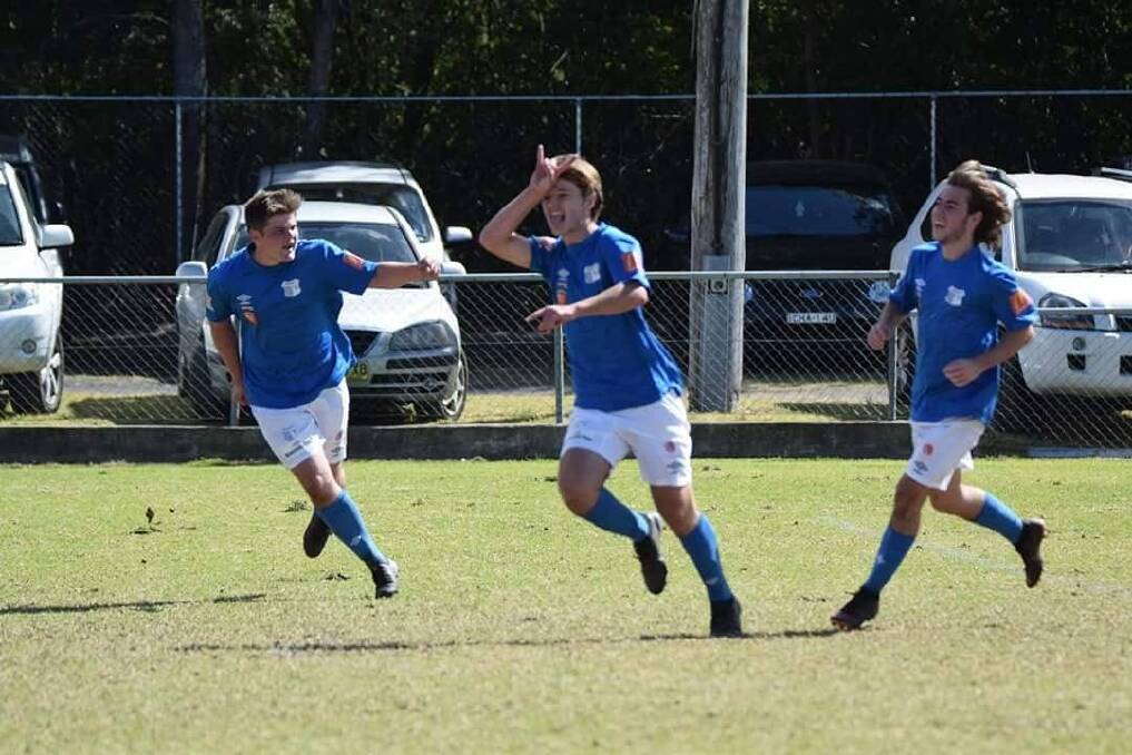 INJURED: Jaryd Hayter celebrates scoring a goal during a recent soccer match playing for West Wallsend Senior Football Club. Picture: Facebook