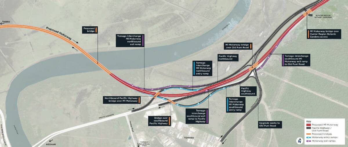 UPDATE: The revised designs of the central section of the proposed M1 Pacific Motorway extension. The road link, between Black Hill and Raymond Terrace, includes as 2.6 kilometre bridge over the Main Northern Railway, New England Highway, Hunter River and Woodlands Close.