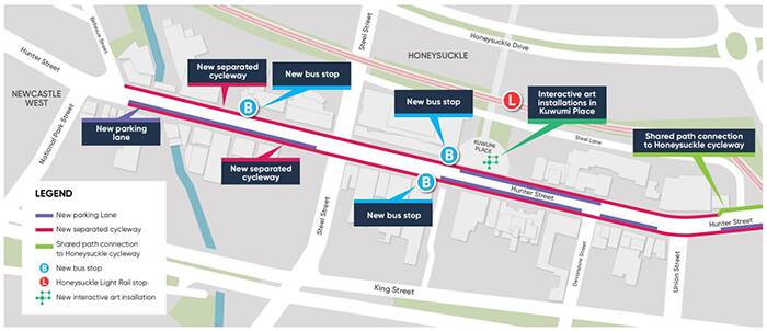 PLANS: A Newcastle council map showing the works being delivered in the west end, including separated single-direction bike lanes on either side of Hunter Street. Multiple bus stops will also be relocated and interactive artworks installed in Kuwumi Place. 