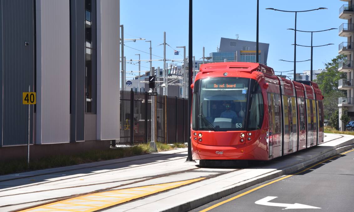 TEST: A tram on the Newcastle light rail line on Thursday. Picture: Max McKinney