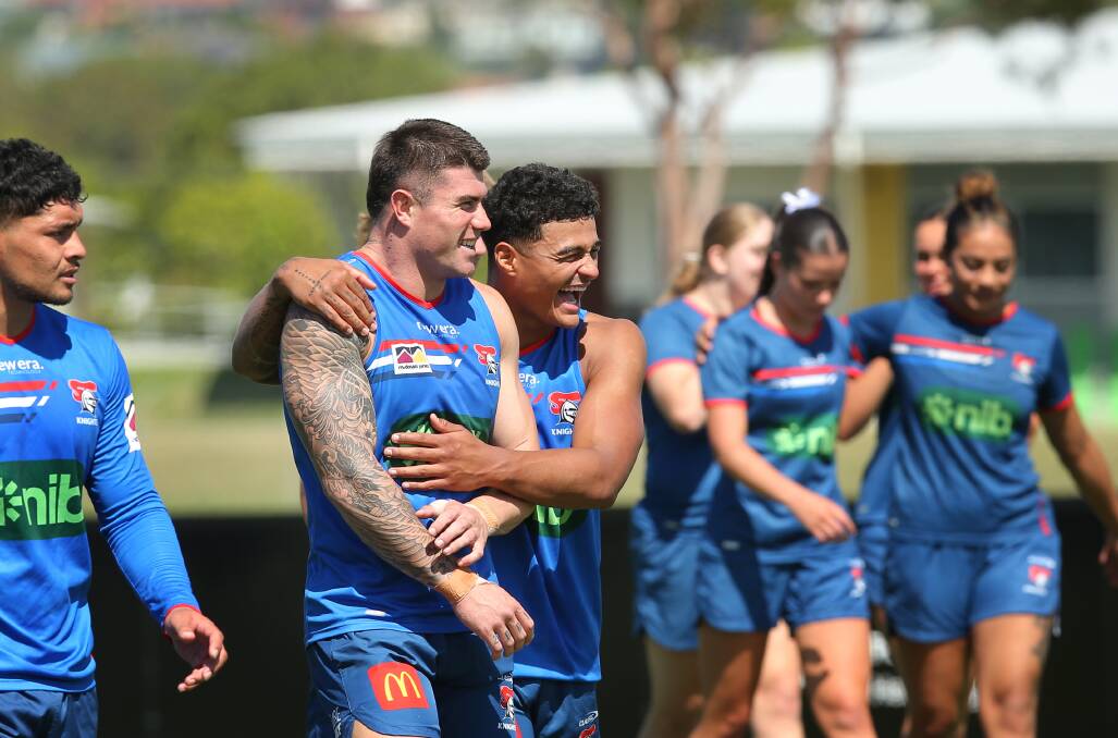 Bradman Best, centre, has re-signed with the Newcastle Knights. Picture by Simone De Peak
