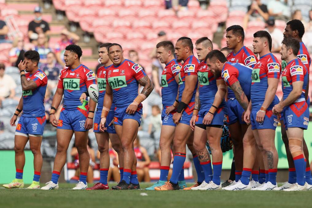STRUGGLING: Newcastle back-rower Tyson Frizell speaks to Knights players during the side's 50-2 loss to Melbourne on Sunday. Picture: Getty