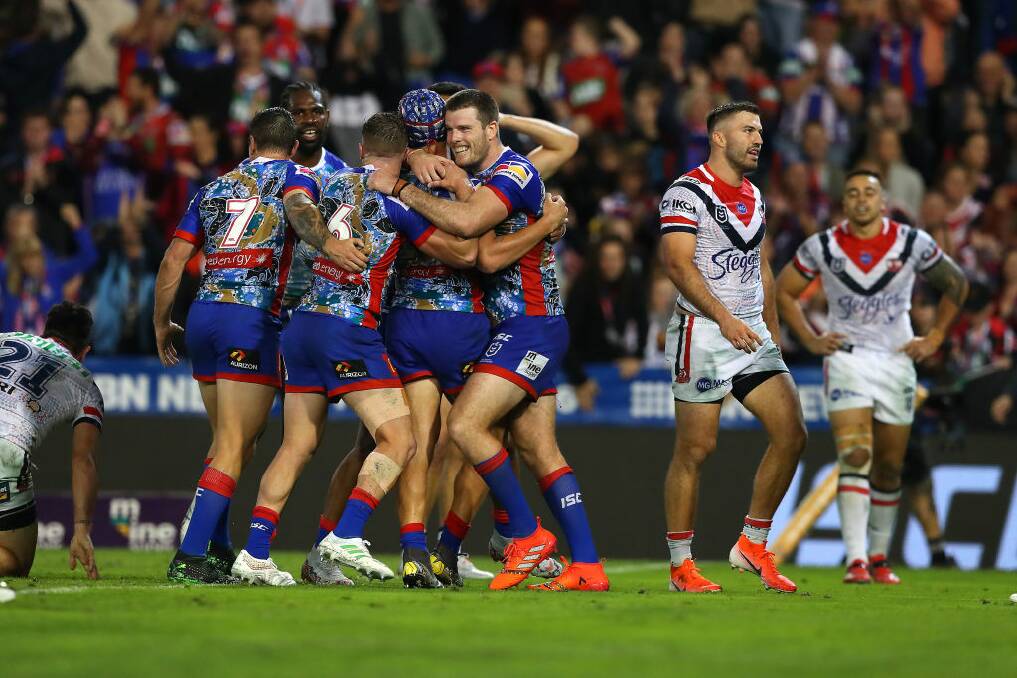 ONE TO REMEMBER: The Friday night game when Newcastle beat the Sydney Roosters 38-12 in round 11, 2019. It was the Knights' fifth-straight win at that point in the season and a match that attracted 25,929 fans. A big crowd is tipped to attend the club's home game against the Wests Tigers on Sunday afternoon. Picture: Getty Images