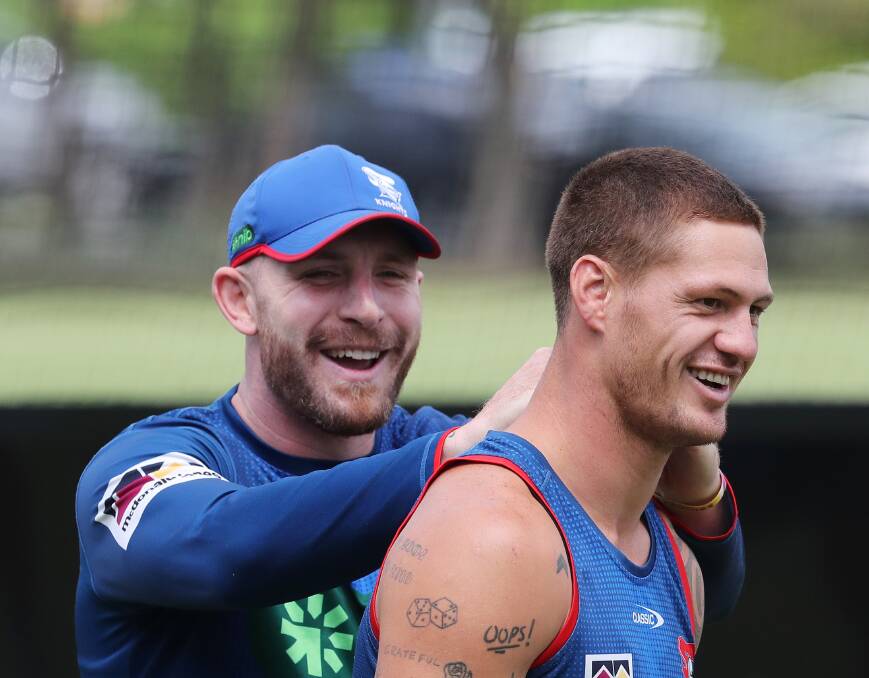 Jackson Hastings and Kalyn Ponga. Picture by Peter Lorimer