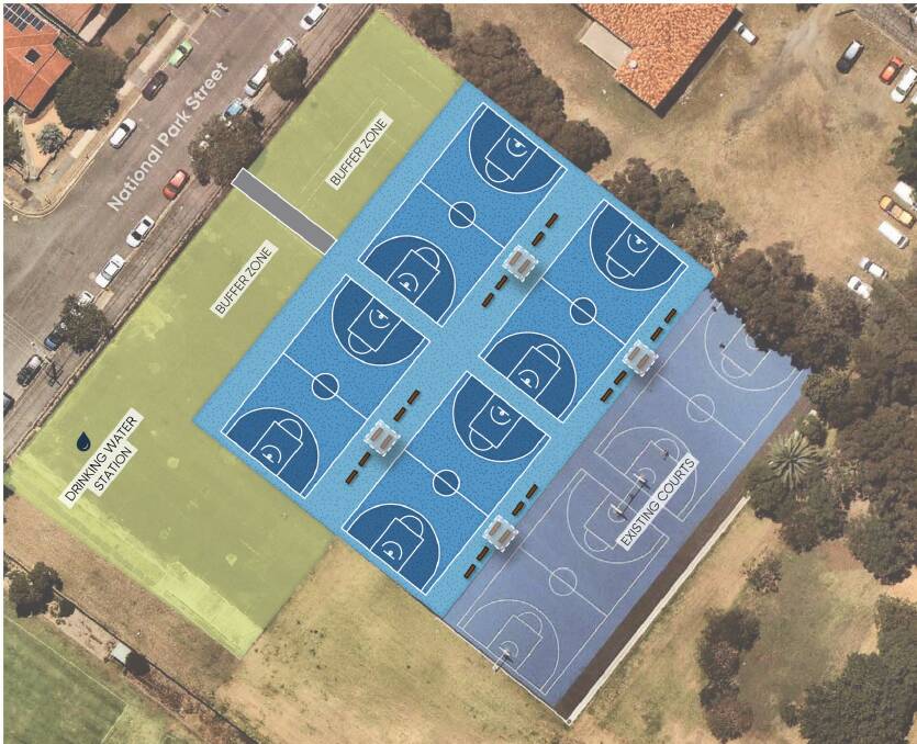 PLANS: An image displayed in a staff presentation at the public voice meeting showing how the courts will fit within the area. 