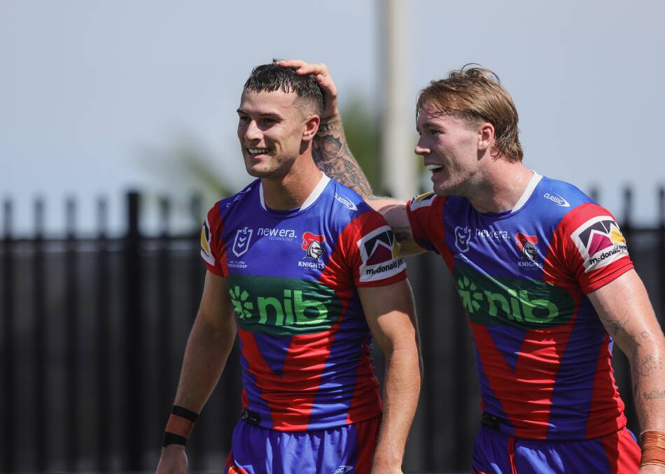 David Armstrong, left, pictured alongside Riley Jones during Newcastle's pre-season trial against Cronulla in Feburary. Picture by Marina Neil 