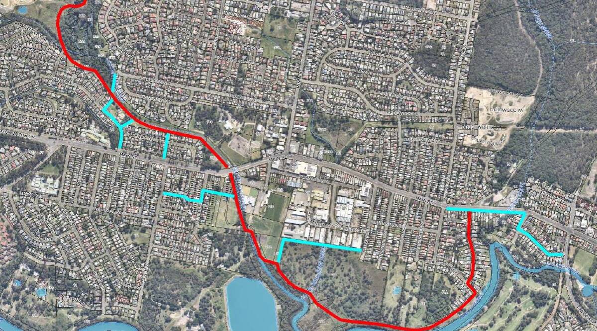 FAST-TRACKED: The shared path, shown in red, that is planned to run between Edgeworth and Cameron Park. 