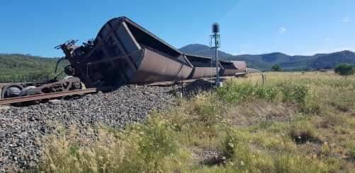 OFF THE RAILS: The derailed train on the Sandy Hollow-Gulgong line. 