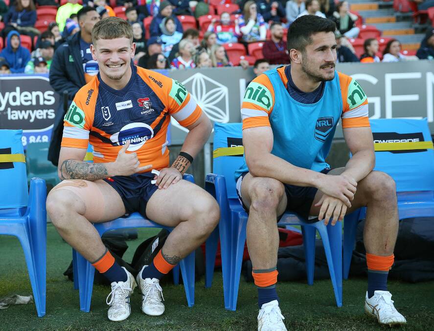 Knights rookie Oryn Keeley on the interchange bench during his round 23 debut. Picture by Peter Lorimer 