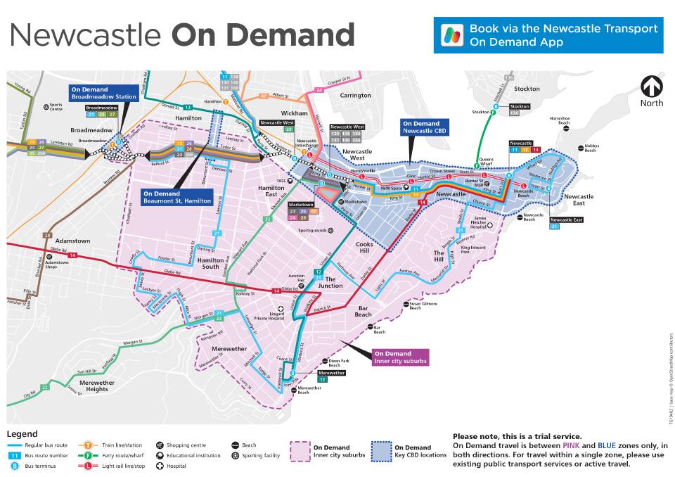 OPTIONS: The two zones that will make up City of Newcastle's on-demand transport service when it launches for a year-long trial later this year.