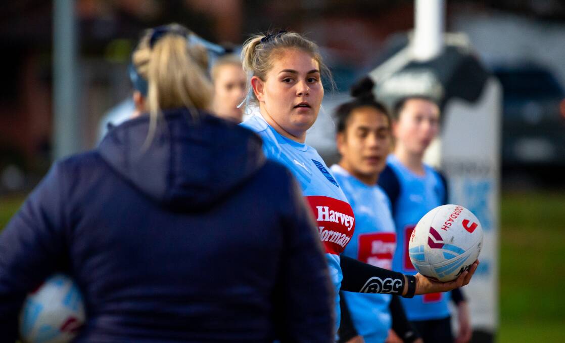 DREAM DEBUT: Prop Caitlan Johnston training with the NSW Sky Blues in Canberra on Tuesday. Picture: Elesa Kurtz
