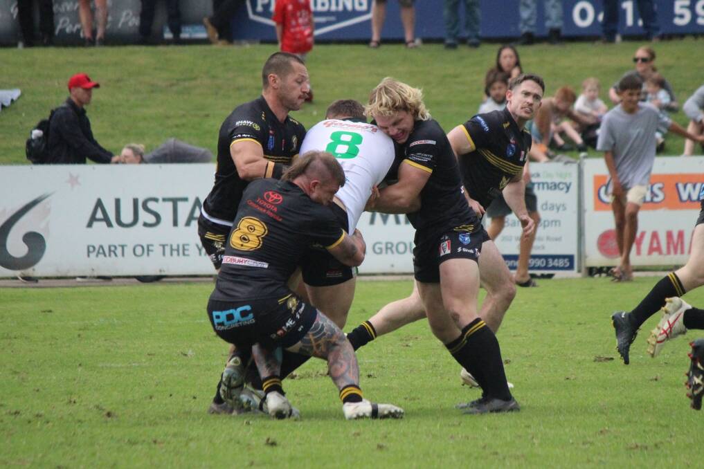 Luke Huth, right, makes a tackle on Saturday. Picture by Fee Ambrum-Wallace/Cessnock Goannas Facebook