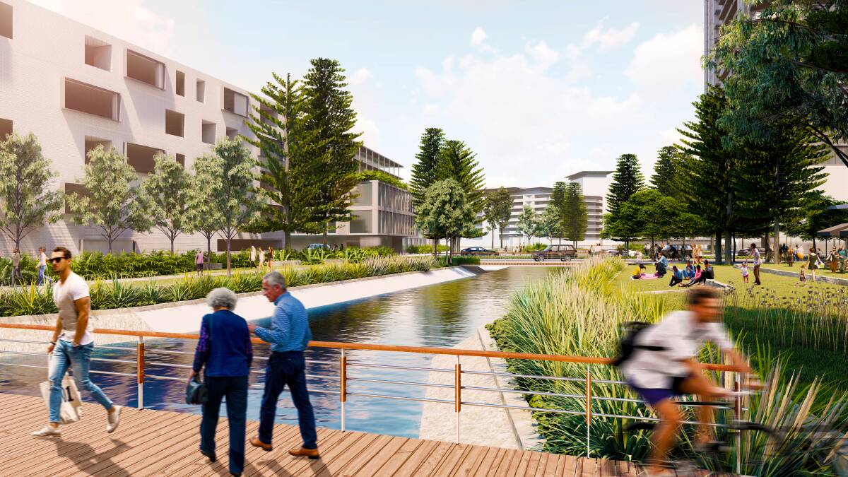 NEW LOOK: An artist's impression of the future Cottage Creek, as viewed from the harbour's edge looking back towards Honeysuckle Drive and Newcastle West. 
