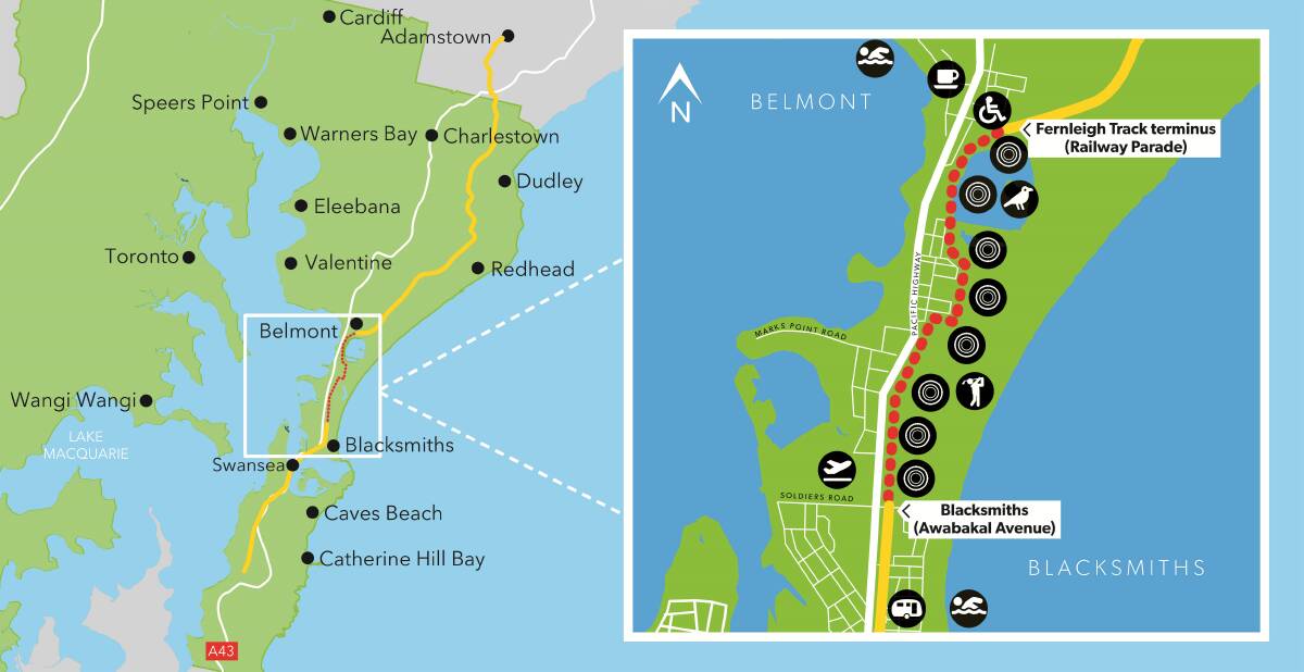 PROPOSAL: Lake Macquarie City Council's plan for a 3.5km shared pathway linking the end of the Fernleigh Track at Belmont to Blacksmiths. The pathway would create a 27km continuous route from Murrays Beach to Adamstown. Picture: Lake Macquarie council
