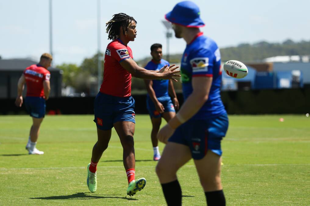 Knights winger Dom Young, pictured at training on Tuesday, has been courted by multiple NRL rivals in recent weeks. Picture by Jonathan Carroll
