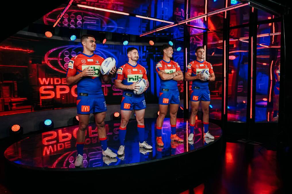 ON SHOW: Knights players Jake Clifford, Adam Clune, Kalyn Ponga and Chris Randall at a broadcaster's promotional shoot last week. Pictures: Newcastle Knights 