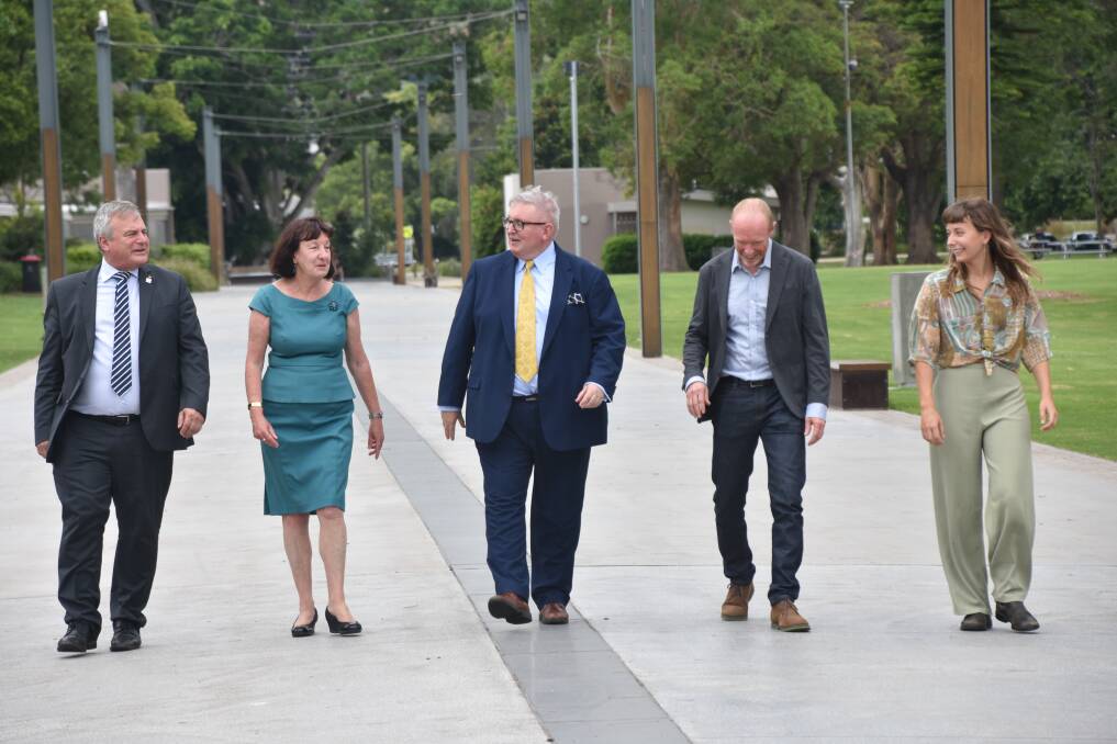 MILESTONE: University of Newcastle Vice-Chancellor Alex Zelinsky, Lake Macquarie mayor Kay Fraser, Arts Minister Don Harwin, UON lecturer Dr Chris Tucker and design winner Samantha Bailey in Speers Point Park on Friday. 