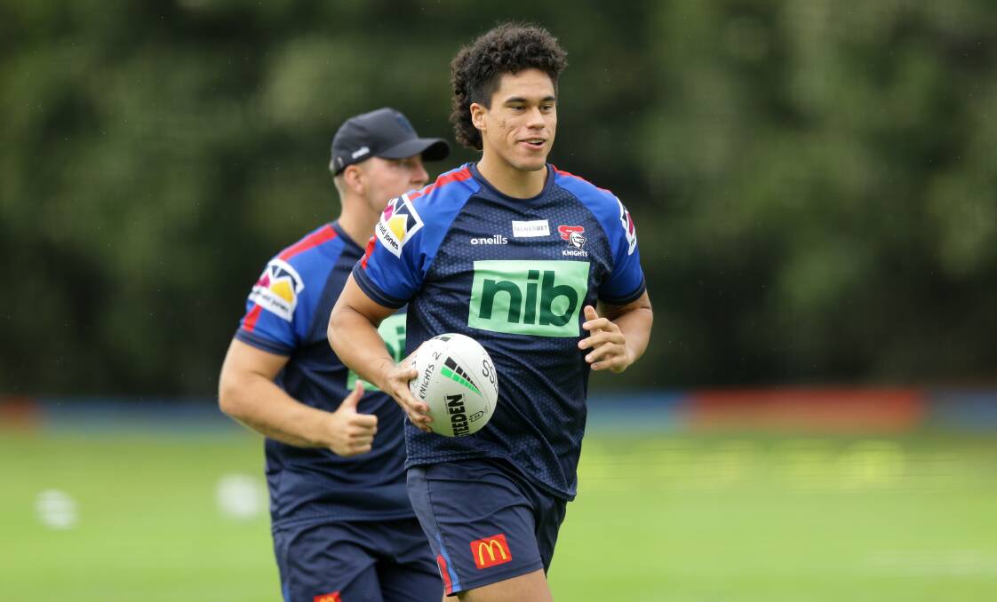 RISING FORWARD: Pasami Saulo during pre-season training last month. The towering prop, who stands 190 centimetres, hopes to use the NRL All Stars as a springboard to a successful season with the Knights. Picture: Jonathan Carroll