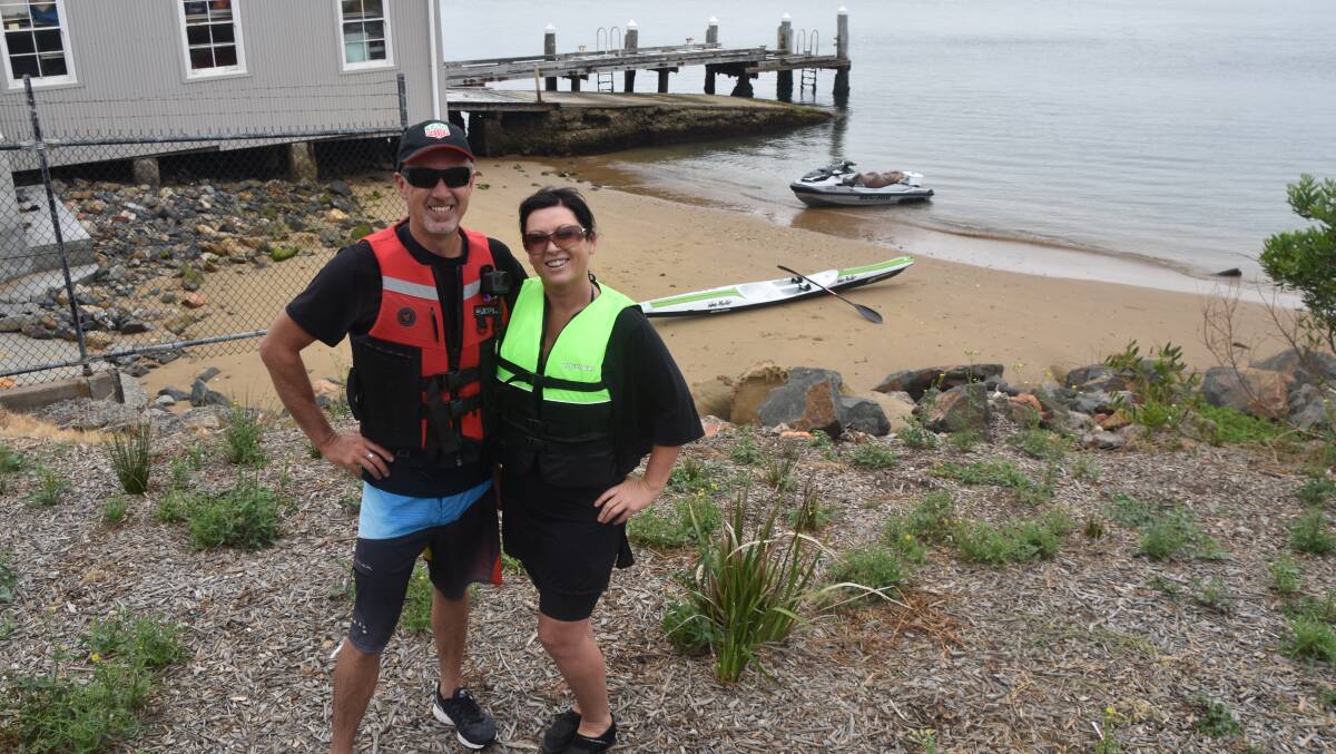 SOMETHING DIFFERENT: Brad and Heidi Bond used a jet-ski to get to the track. 