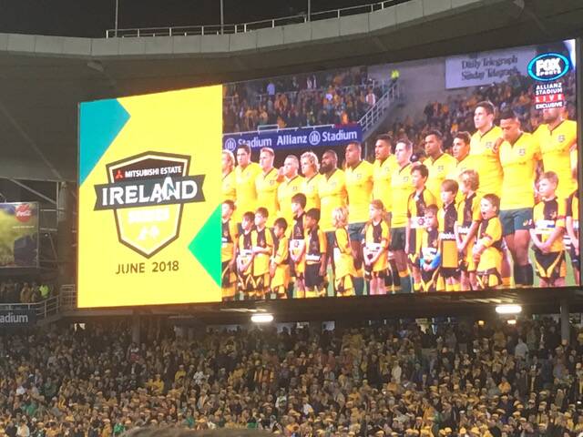 BIG STAGE:  Medowie Junior Rugby Club with the Wallabies at Allianz Stadium. 