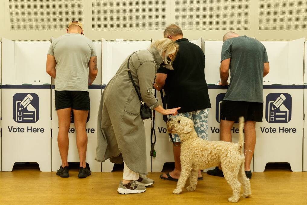 DEMOCRACY DOG: Voters in Newcastle on Saturday afternoon. Picture: Max Mason-Hubers 