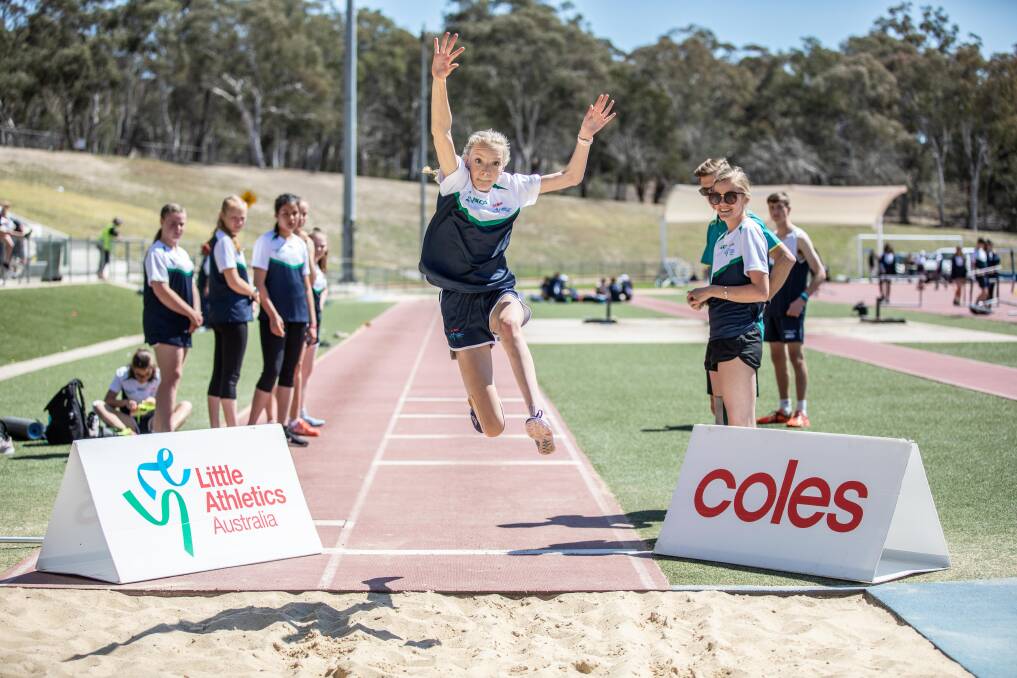 LEAPING AHEAD: Lainee Harrison gives it her all in long jump training during the Little Athletics National Under 15 Camp at the Australian Institute of Sport in Canberra. Pictures: Supplied