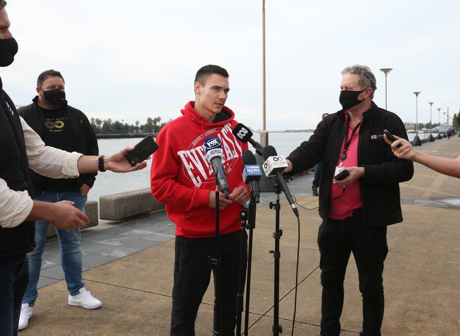 NEW CHALLENGE: Tim Tszyu speaking to media on Thursday with No Limit Boxing promoter George Rose, left.