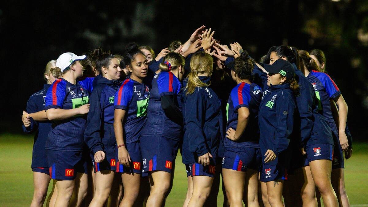 TOGETHER: Newcastle's NRLW squad at training. With a host of new players this season, and plenty of experience, the Knights are tipped to well and truly improve on their last-placed finish in the most recent competition. Picture: Marina Neil