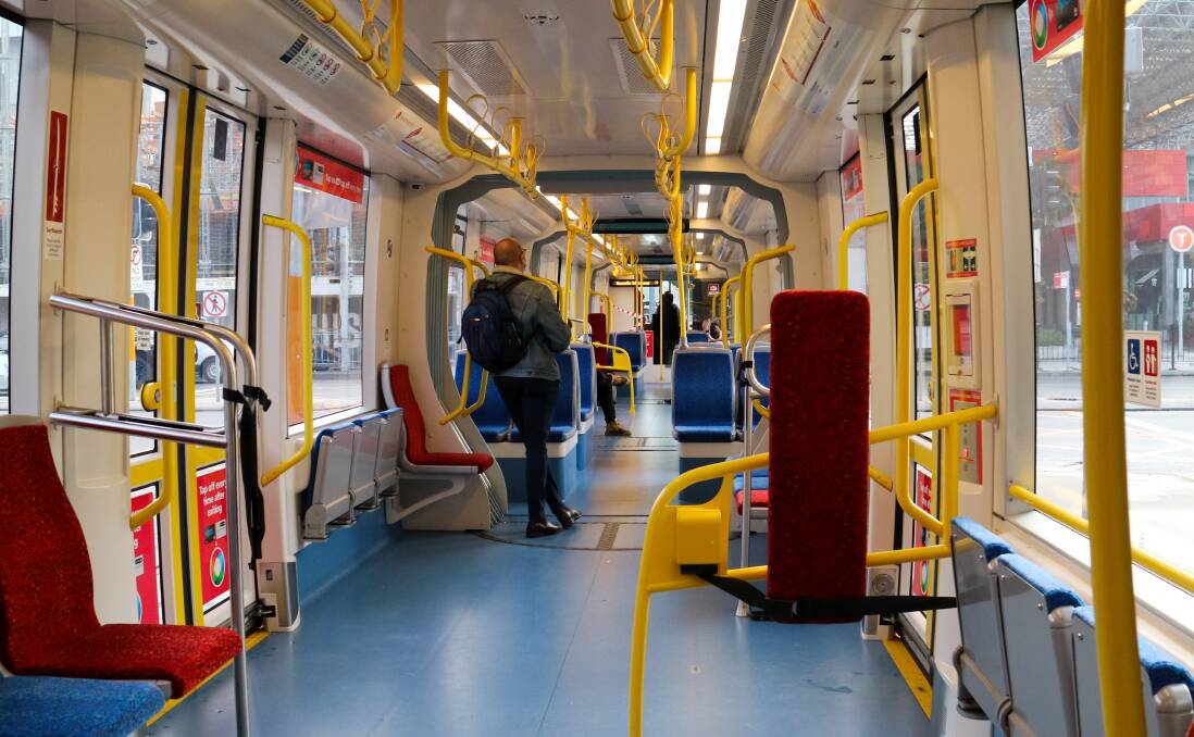 SOCIAL DISTANCING: A near-empty tram in Newcastle on Friday. Picture: Jonathan Carroll 