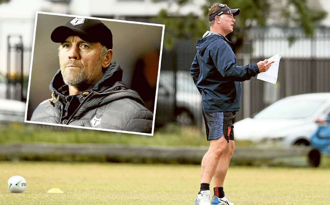 Knights coach Adam O'Brien at training on Friday and (inset) his new assistant Brian McDermott. Pictures by Simone De Peak, Getty Images
