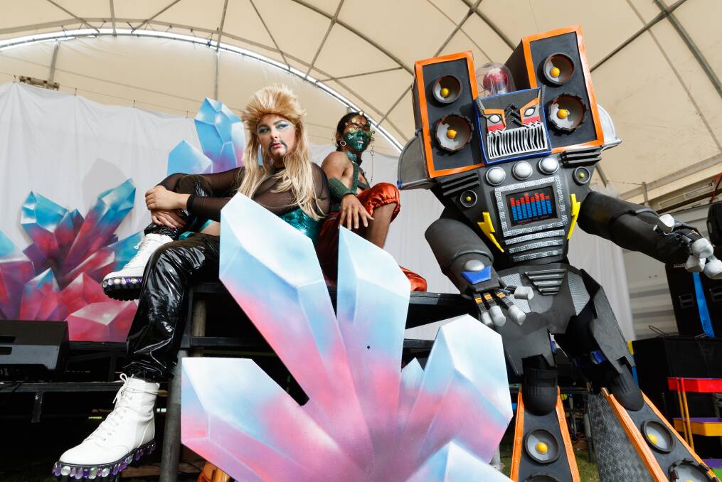 Performers Charlotte De Witt (aka Milkay D) and Hamza Masagos, and an unnamed robot performer at New Annual in Newcastle. Picture: Max Mason-Hubers