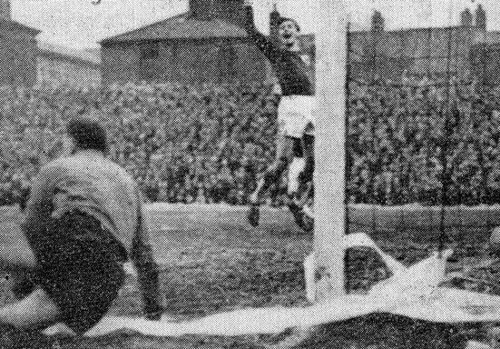 Moments after scoring in an infamous giant-killing match against Newcastle United in 1964, John Fahy celebrates. 
