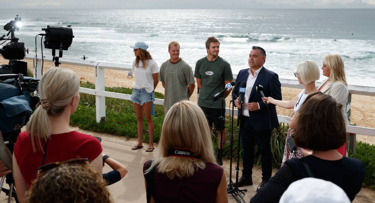 John Barilaro MP held a press conference on February 6 at Merewether Beach to announce a new world tour level surfing event which will be held there in April. Picture: Max Mason-Hubers