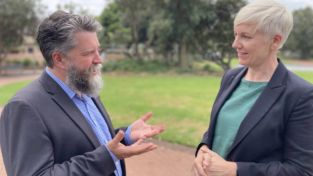 John Mackenzie in Newcastle on Friday with Greens upper house MP Cate Faehrmann. Picture by Michael Parris