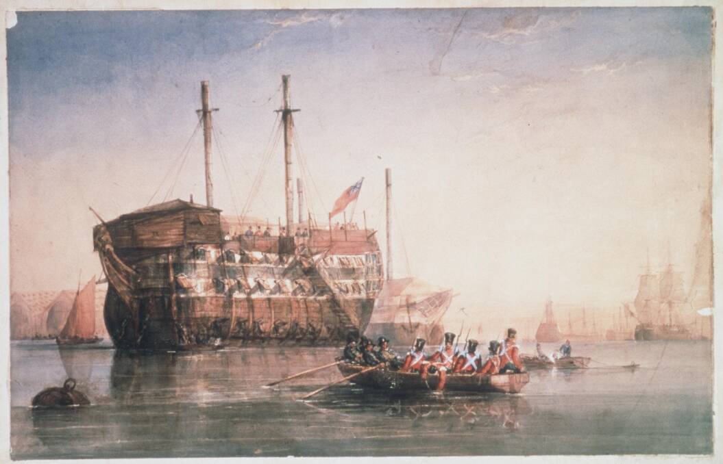 Convicts: A painting in 1821 of a prison hulk [decommissioned ship], where convicts waited for months to be transported to Australia. Source: National Gallery of Australia. 