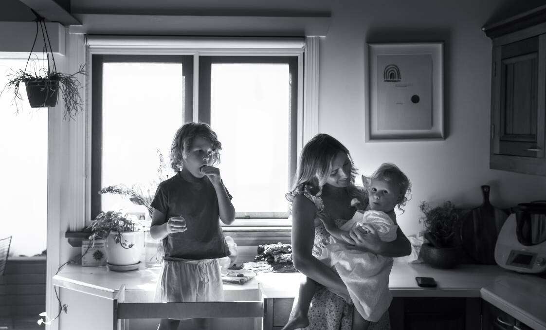 5: Luka McCabe, author of From Boob to Food, photographed at her Cooks Hill home with her children, Flynn 5 and Florence 2. Picture: Marina Neil