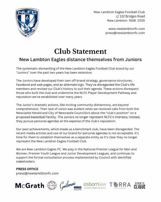 The statement released by New Lambton Eagles FC on Wednesday, April 3. 
