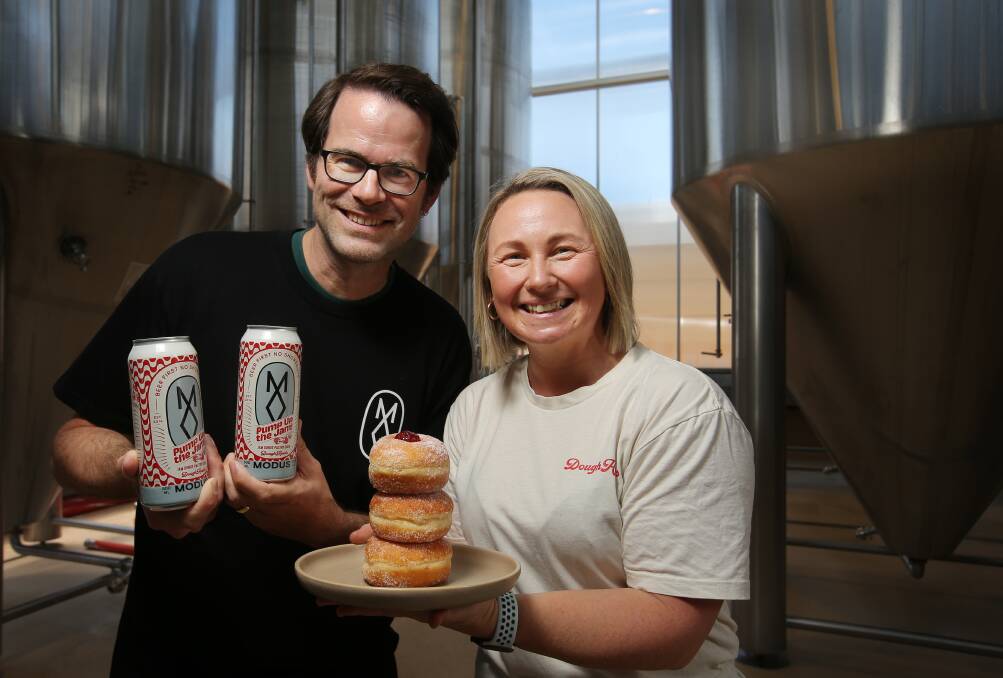 Roland Thiemann, Modus' head of marketing, and DoughHeads owner Anna Farthing gear up for the launch of their collaborative sour 'Pump Up The Jam' on November 15. Picture by Simone De Peak