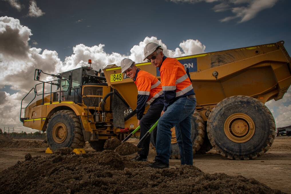 Digging in: Angus Taylor gets construction underway at the Hunter Power Project at Kurri this week. He argues reliable and affordable energy is essential for a successful transition. Picture: Simon McCarthy. 