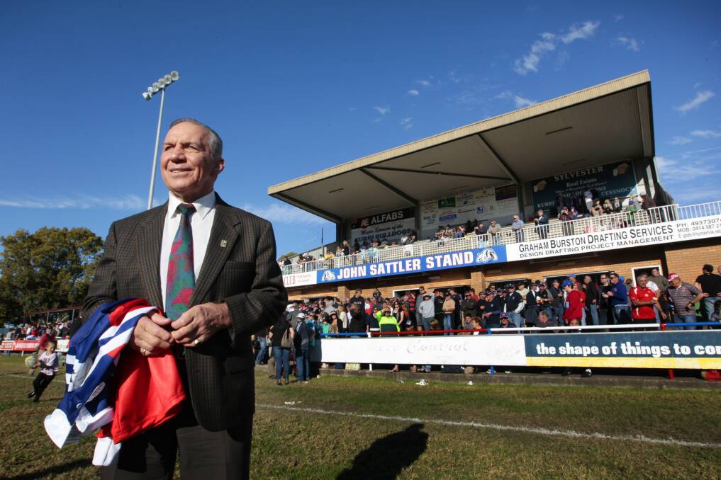 John Sattler at the official unveiling of the grand stand named in his honour at Kurri Kurri Sportsground in 2012. Picture by Peter Stoop