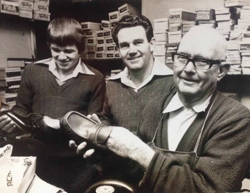 Stephen Simpson (right) founded Simpsons Shoes in 1931 and opened the family business' premises at Elder Street in Lambton in April 1934, where he worked with his son, Kevin, and grandson Craig (left). 
