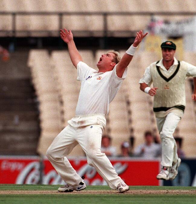 Shane Warne looks to the heavens after taking his 300th Test wicket by bowling Kallis on the fourth day of the second Test against South Africa at the SCG, Monday, January 5, 1998. Picture: Rob Cox
