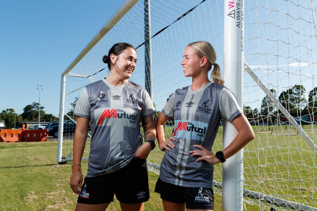 Maitland NPLW soccer signings Lucy Kell and Sophia Laurie at Cooks Square Park before training in February. Picture by Max Mason-Hubers