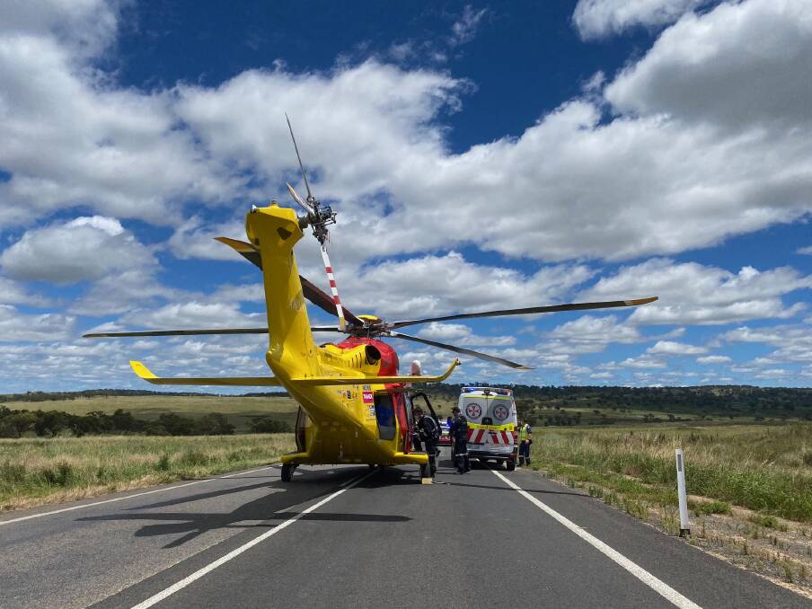 The Golden Highway was closed in both directions west of Muswellbrook Saturday as emergency crews responded to reports of a two-vehicle crash near Cassilis. Picture: Westpac Rescue Helicopter Service