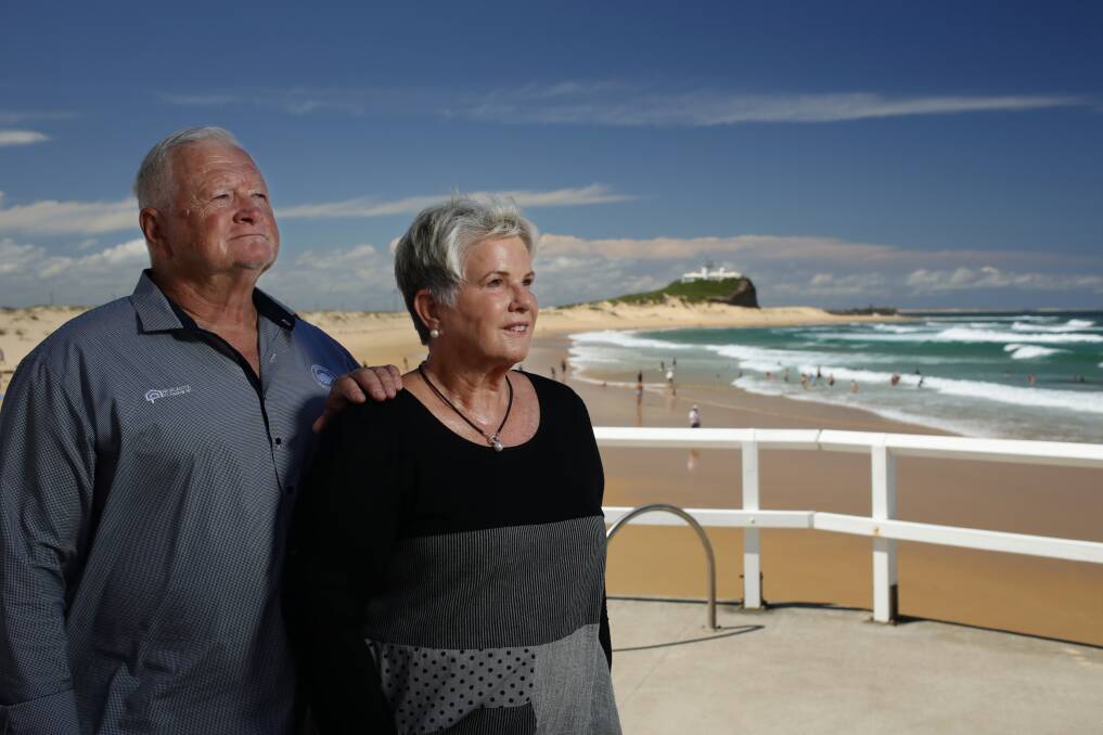 Hunter branch surf life saving president Henry Scruton with Rhonda Scruton in January when the pair were awarded on the Australia Day Honours list. Picture by Simone De Peak