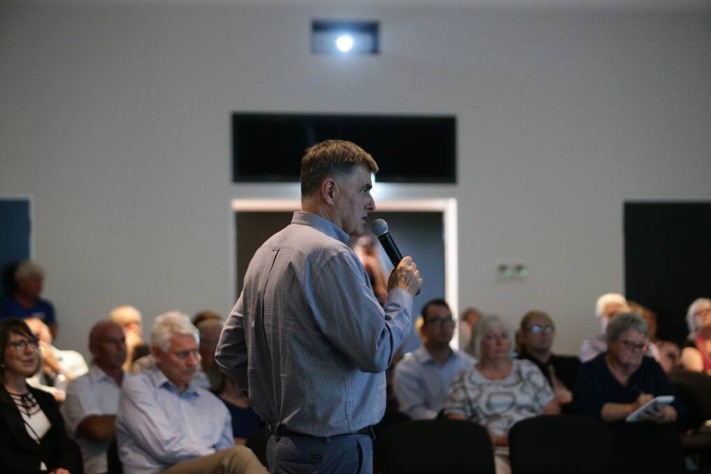 Chief Medical Officer, professor Brendan Murphy presents the findings of the Expert Health Panel for PFAS to residents of Williamtown and surrounding communities on Monday. Photo: Jonathan Carroll