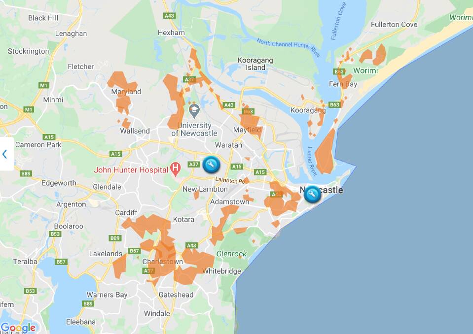 A map showing areas affected by blackouts across the Hunter. Ausgrid has advised its crews are working to restore power.